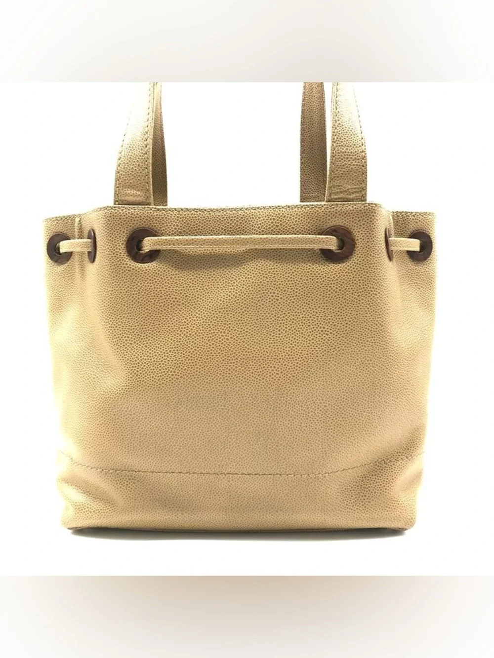 Authentic CHANEL caviar leather wood CC mini drawstring bucket bag
